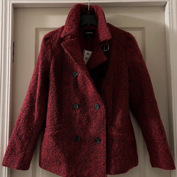 Express Jackets & Blazers - NWT Red Coat - Stylish Medium Red & Black Express Pea Coat with garment bag!